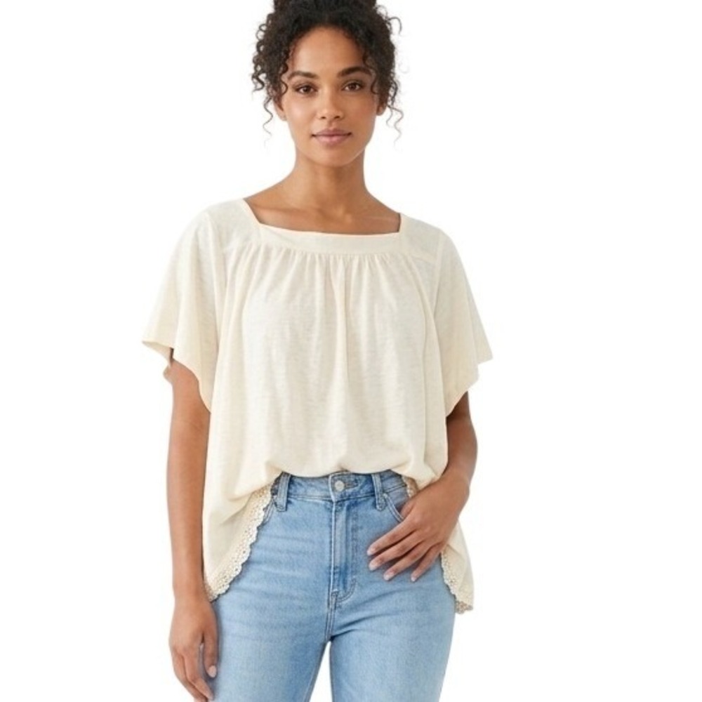 UMGEE Boho Lace Trim Square Neck Blouse Cream Flutter Sleeve Tie Back Small NWT
